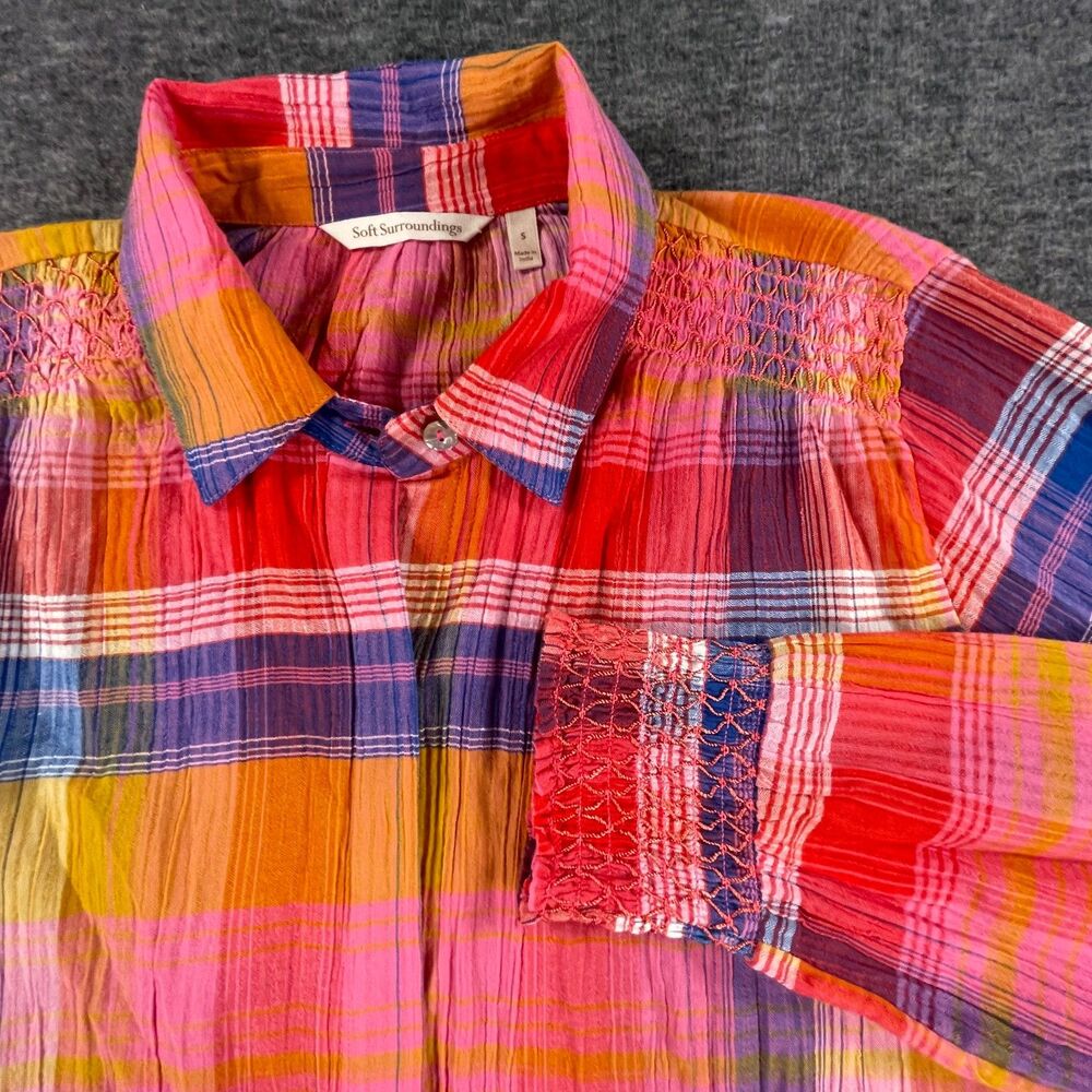 Soft Surroundings Sansonne Plaid Smocked Button Down Shirt Small Pink Cotton - Picture 3 of 10